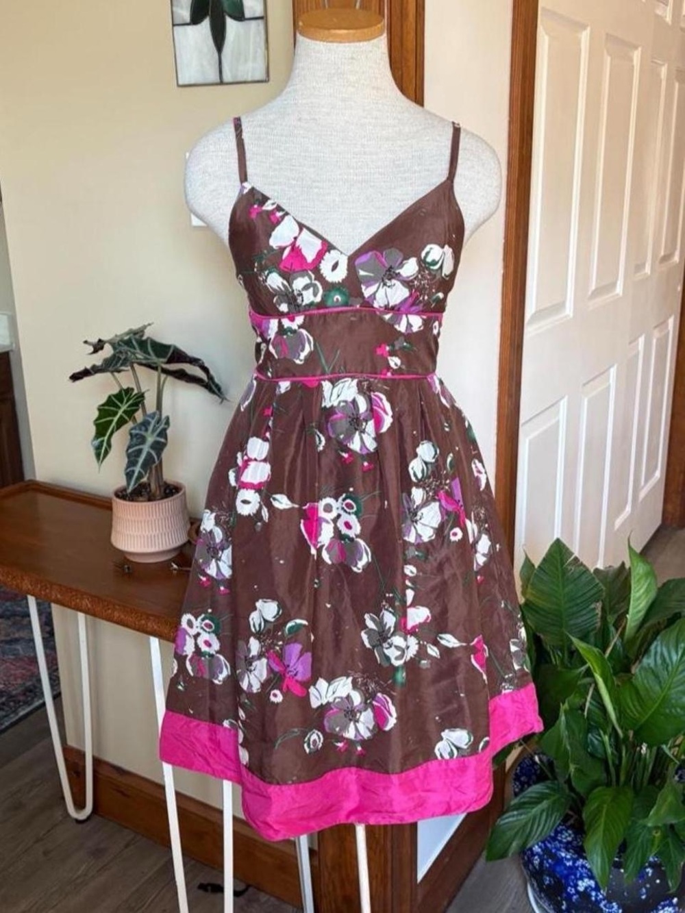 Vintage Guess Brown Floral Spaghetti-Strap Mini Dress with Fuchsia Trim Accent